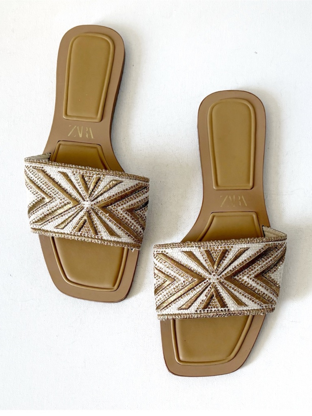 Zara Metallic Gold Embroidered Rhinestones Slide Sandals Size 38